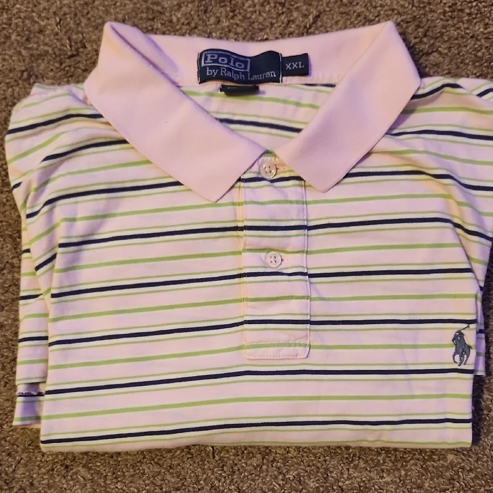 Ralph Lauren Polo Shirt - White with Blue, Green and Pink Stripes